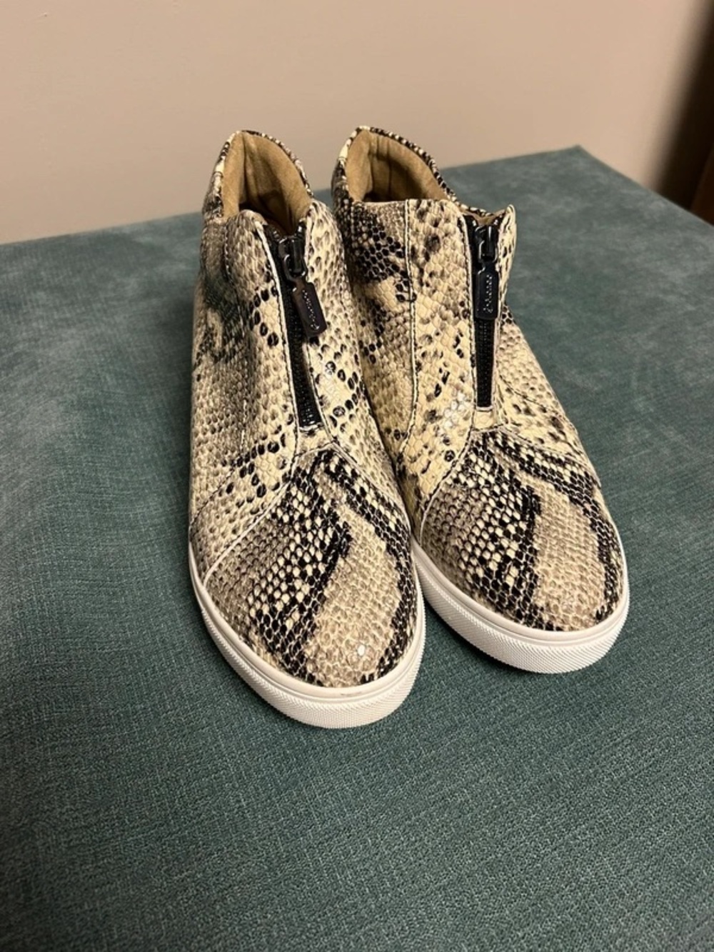 Blondo Snake-Print Slip-On Sneaker in Beige and Black